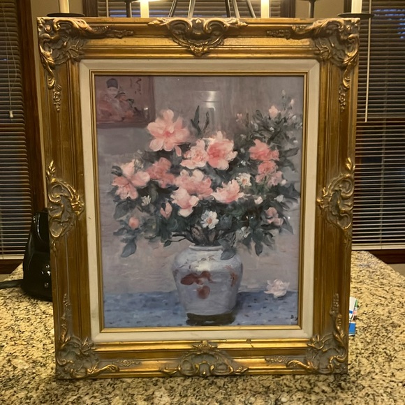 Gold and Pink Floral Art Print with Ornate Frame
